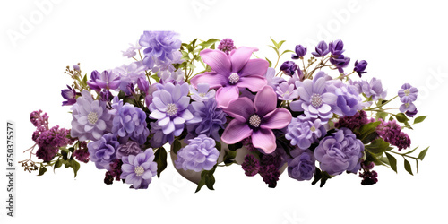 cute little miniature flower arrangement with purple flowers isolated on transparent background