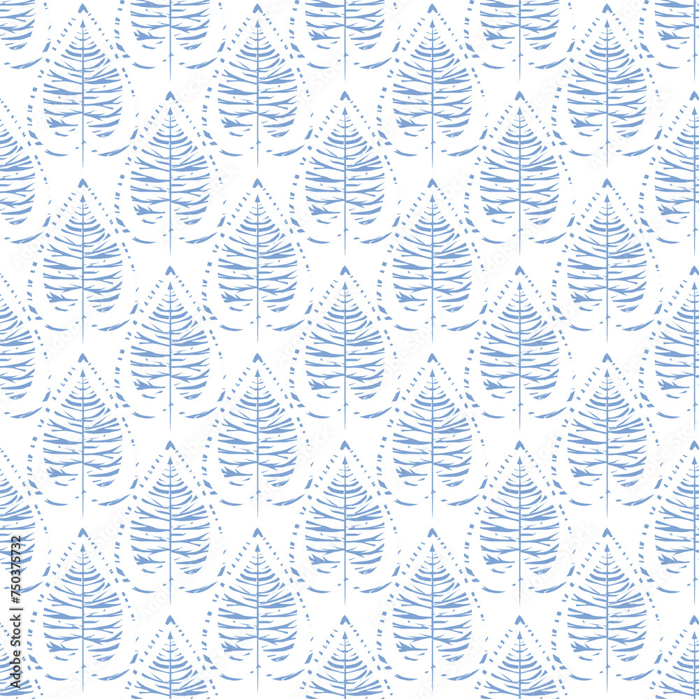 Seamless pattern with leaves in Art Deco style. Blue stylized leaves on a white background. Seamless pattern with leaves in Art Deco style. Blue stylized leaves on a white background.
