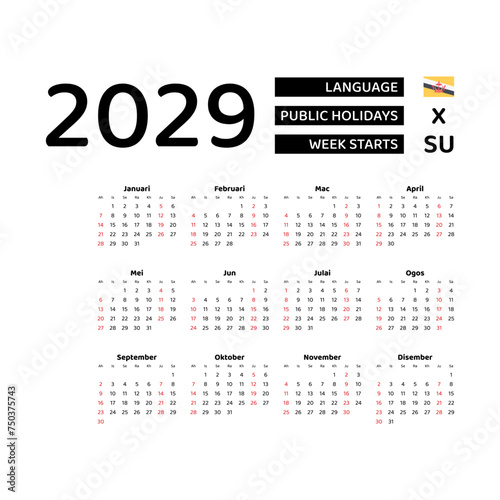 Calendar 2029 Malay language with Brunei Darussalam public holidays. Week starts from Sunday. Graphic design vector illustration.