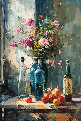 Moody, vintage, painting with flowers and porcelain vase in Chinese style