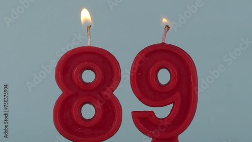 close up on a red number eighty ninth birthday candle on a white background.
 photo