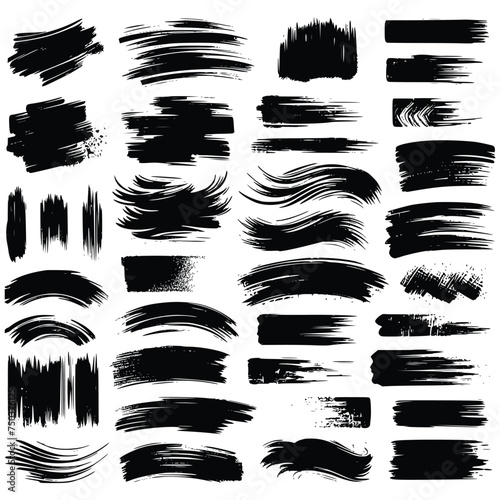 Black Assorted Grunge Brush Strokes Set on White Background. A diverse collection of black grunge brush strokes ideal for textured designs and creative graphics, isolated on white. Vector illustration