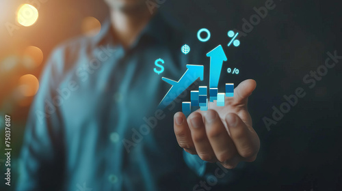 Interest rate and dividend, Businessman hold up arrow icon and percentage with graph indicators for investment growth. business financial investment, business growth, income, marketing and profit.