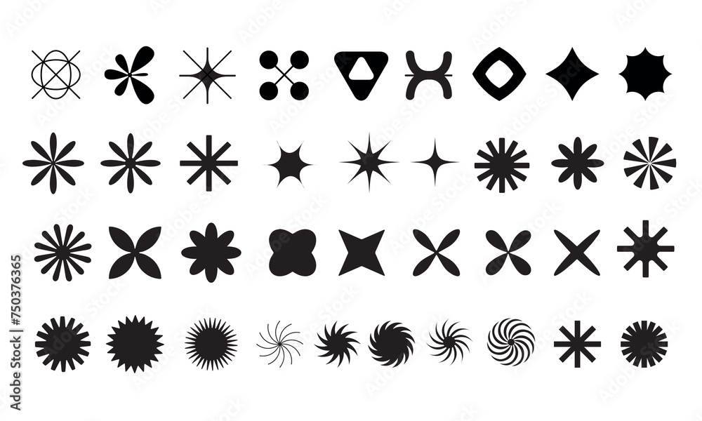 Brutalist shapes for swiss minimal style design. Constructor of trendy geometric postmodern primitive figures. Vector illustration of brutalist contemporary stars and flowers design Brutalist shapes for swiss minimal style design. Constructor of trendy geometric postmodern primitive figures. Vector illustration of brutalist contemporary stars and flowers design