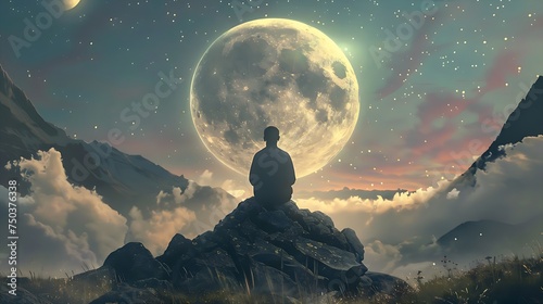 serene meditation above the clouds under a large moon