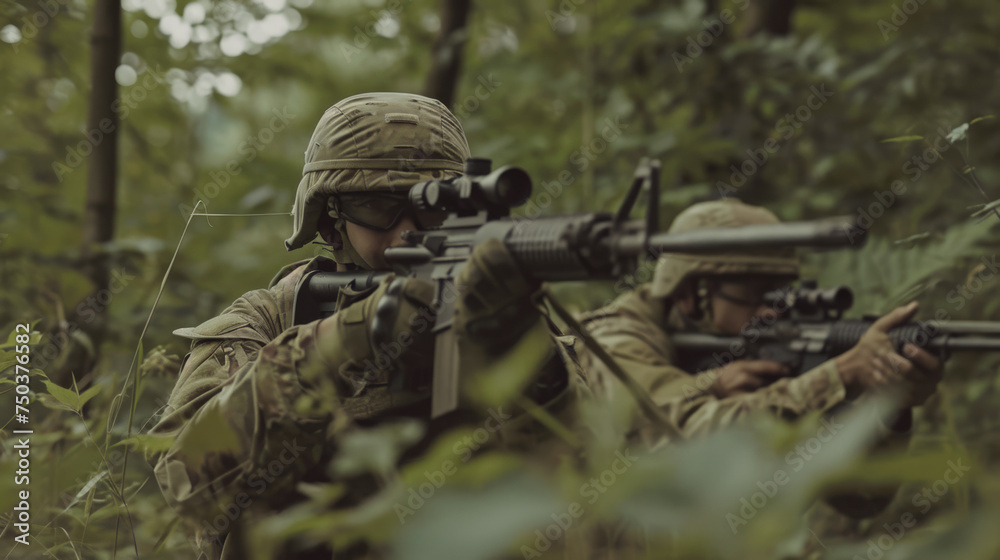 Camouflaged military special forces navigate the dense forest with stealth and precision, executing covert operations and demonstrating their expertise in challenging woodland environments.