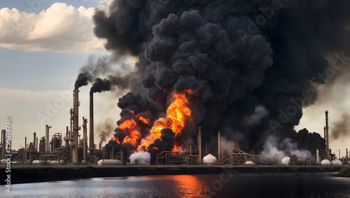 A catastrophic blaze engulfs an oil refinery, marked by a fierce explosion and towering clouds of black smoke Generative AI