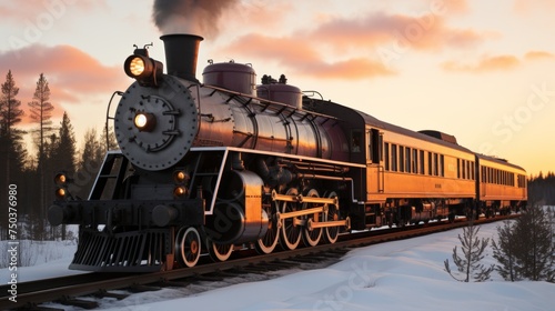 Vintage steam locomotive pulling train through picturesque winter landscape in sunlight