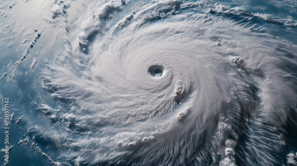 A colossal super typhoon looms ominously above the expansive ocean, its swirling clouds and raging winds creating a formidable spectacle.