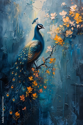 Deep blue color Classic luxury Chinese painting, style of elegance, peacock with golden flowers © Wipada