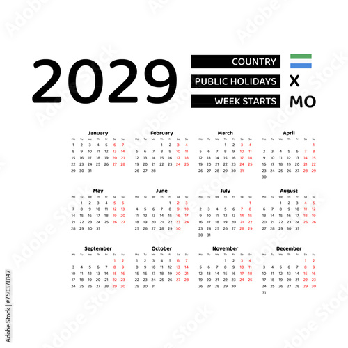 Calendar 2029 English language with Sierra Leone public holidays. Week starts from Monday. Graphic design vector illustration.