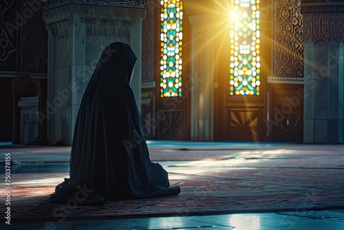 Muslim woman is praying in the mosque