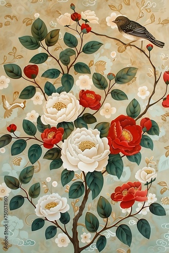 Classic Chinoiseries background with bird on tree branches and peonies flower