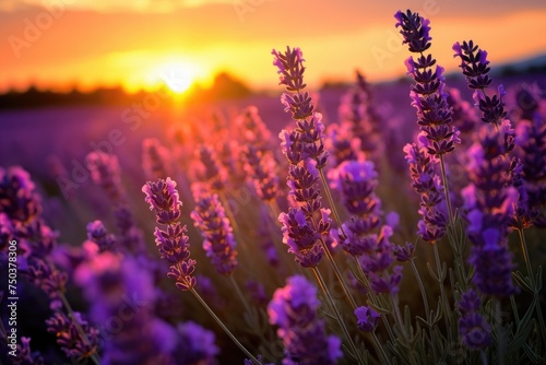 Close photo Beautiful lavender at sunset, Close up lavender flowers in beautiful field at sunset, AI generated © Tanu