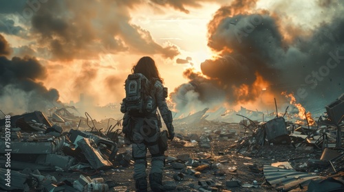 Women in sci-fi amour standing in an apocalyptic scene with debris, smoke, and fire in the aftermath of war.