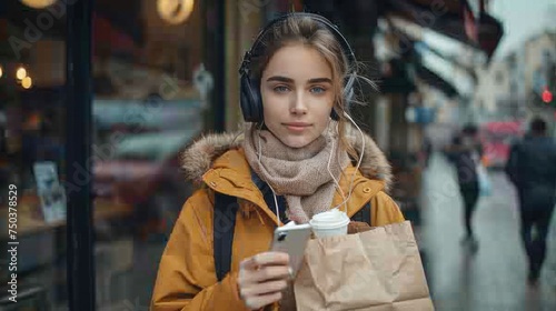 As she leaves the coffee shop, a pretty modern female holds a paper bag with food while holding headphones and a smartphone. © sirisakboakaew