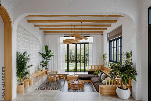 Fototapeta Naklejka Na Ścianę i Meble -  Scandinavian Style Living Room with Skylight and Garden View