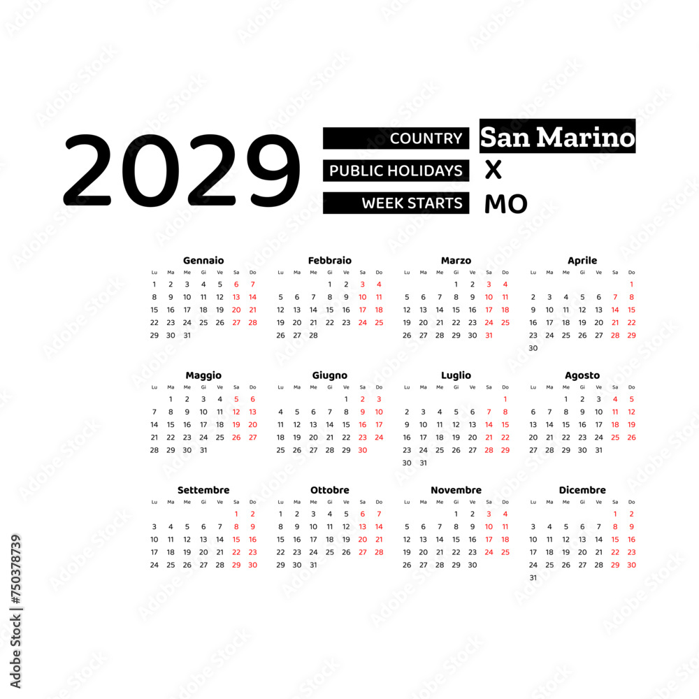 Calendar 2029 Italian language with San Marino public holidays. Week starts from Monday. Graphic design vector illustration. Calendar 2029 Italian language with San Marino public holidays. Week starts from Monday. Graphic design vector illustration.