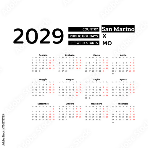 Calendar 2029 Italian language with San Marino public holidays. Week starts from Monday. Graphic design vector illustration.