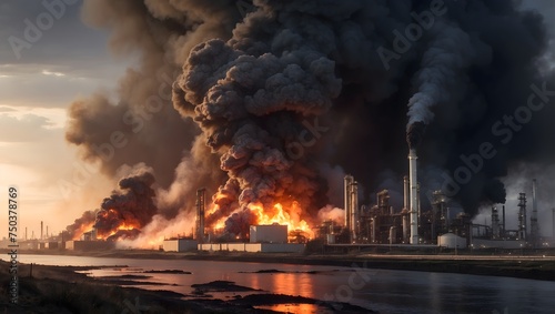 An intense fire breaks out at an industrial oil refinery, accompanied by a massive explosion that sends plumes of dark smoke into the sky Generative AI