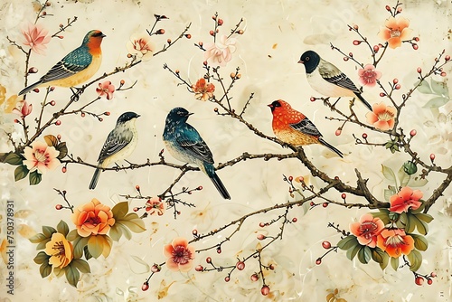 Simple beige Classic painting of bird and flower on tree branches, luxury Asian Chinese style, artwork for wall art and decoration  © Wipada