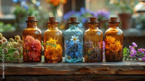 Herbs and medicinal bottles. Alternative medicine concept.