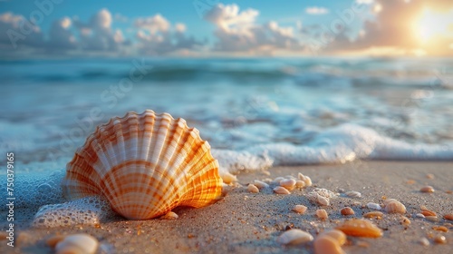 An image of a seashell with the blue sky and sea behind it.