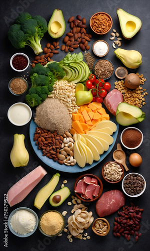 Assortment of healthy protein source and fresh fruits and vegetables. Meat, pork fillet, broccoli, beans, cheese, wheat. On a black stone background. Healthy food on dark slate tray background. © chanjaok1