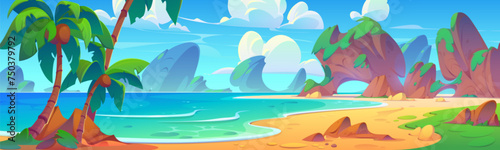 Summer tropical lagoon landscape with calm sea or ocean water, beach with sand, stone and palm trees with coconuts, rocky mountains and blue sky with clouds. Cartoon vector empty shore scenery.