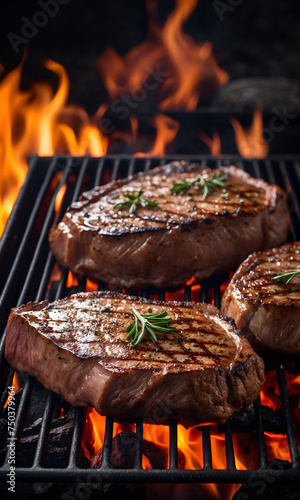 Beef steaks on the grill on the grill with flames. Grilled meat steak on stainless grill depot with flames on dark background. Food and cuisine concept. © chanjaok1