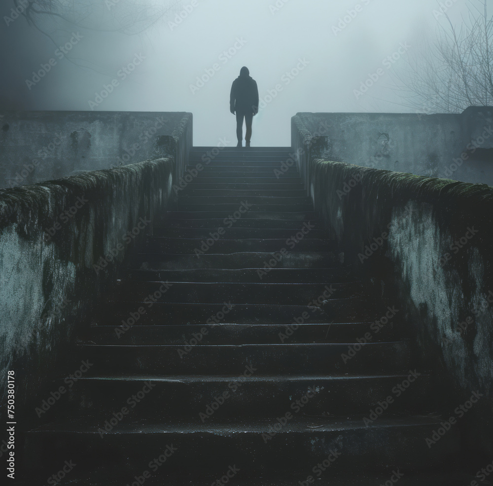 In a gloomy setting with balanced symmetry, a man making his way down a set of stairs.
