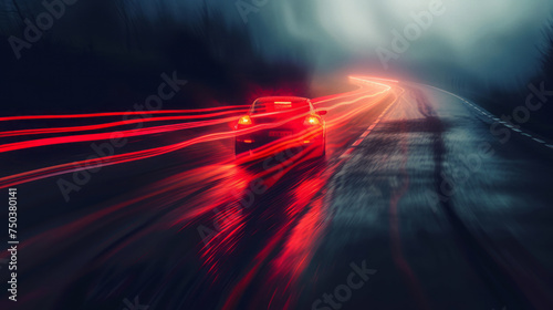 Red light trails and colorful curves mark the path of a car driving down a road.