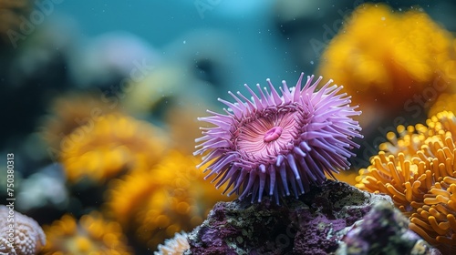 A purple sea urchin is seen in its natural habitat in the sea with yellow coral behind it. The ocean is blue in color. photo