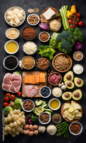 Assortment of healthy protein source and fresh fruits and vegetables. Meat  pork fillet  broccoli  beans  cheese  wheat. On a black stone background. Healthy food on dark slate tray background..
