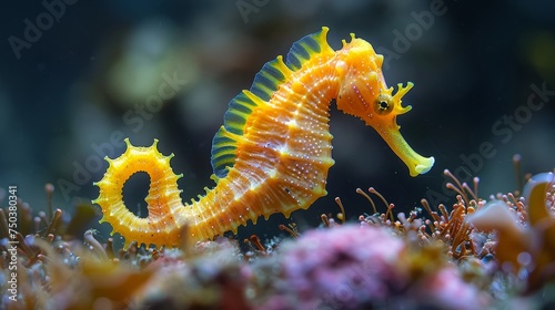 Yellow Female Common Seahorse (Hippocampus Taeniopterus) on the ocean bottom. An underwater photograph. photo