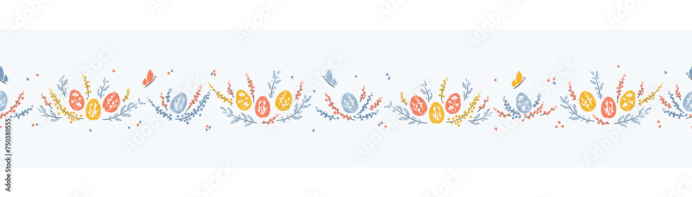 Vector Horizontal Seamless Border Pattern of Easter Eggs and Floral Elements. Spring Cute Banner with Painted Eggs, Leaves and Flowers.