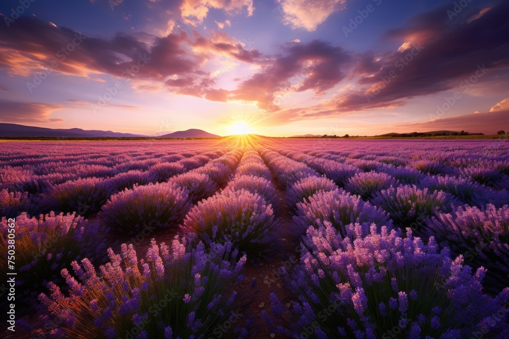 Beautiful lavender field at sunset, A beautiful lavender field against the backdrop of a dramatic sunset, Ai generated