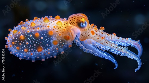 A macro photo of a squid on black background. Sea life. Macro nature. Macro photo of a squid.
