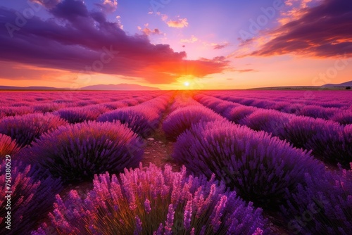 Beautiful lavender field at sunset  A beautiful lavender field against the backdrop of a dramatic sunset  Ai generated