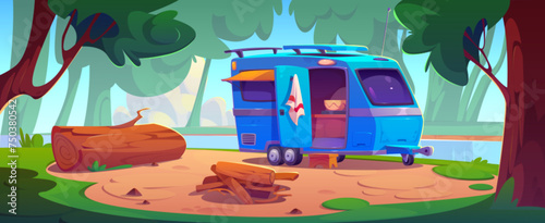 Camping place with camper van with tent and open door standing in forest near logs on bonfire pit and large wood trunk on ground as seat. Cartoon summer scene with caravan for outdoor relax and travel © klyaksun