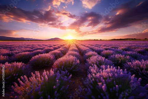 Beautiful lavender field at sunset  A beautiful lavender field against the backdrop of a dramatic sunset  Ai generated