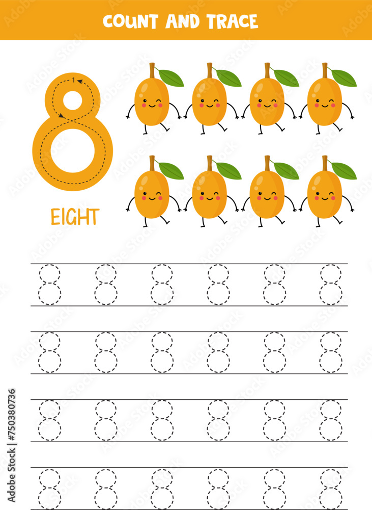Fototapeta premium Trace numbers. Number eight. Cute cartoon ximenia fruits.
