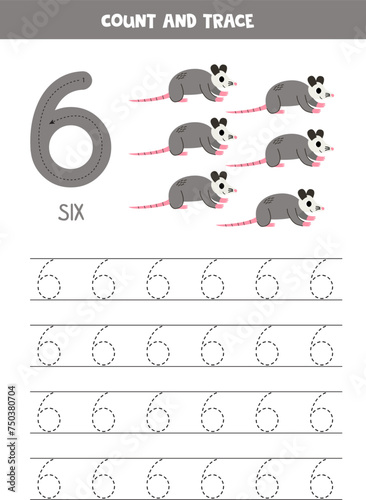 Numbers tracing practice. Writing number six. Cute cartoon solenodons.