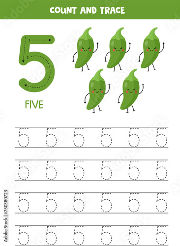 Trace numbers. Number 5 five. Cute cartoon jalapeno peppers.