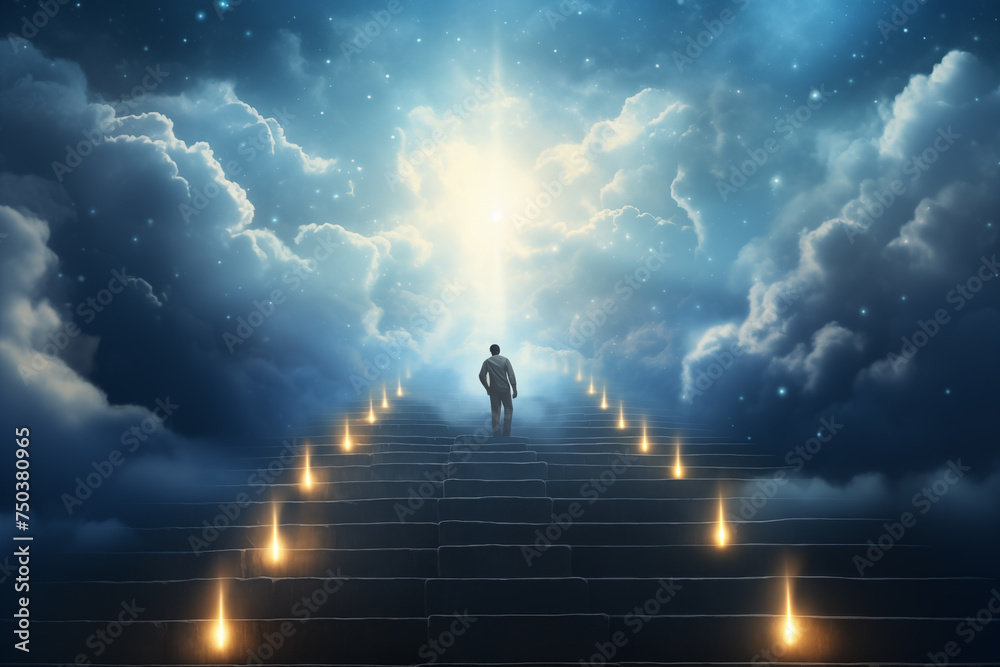 A lone figure ascends a luminous staircase towards the heavens