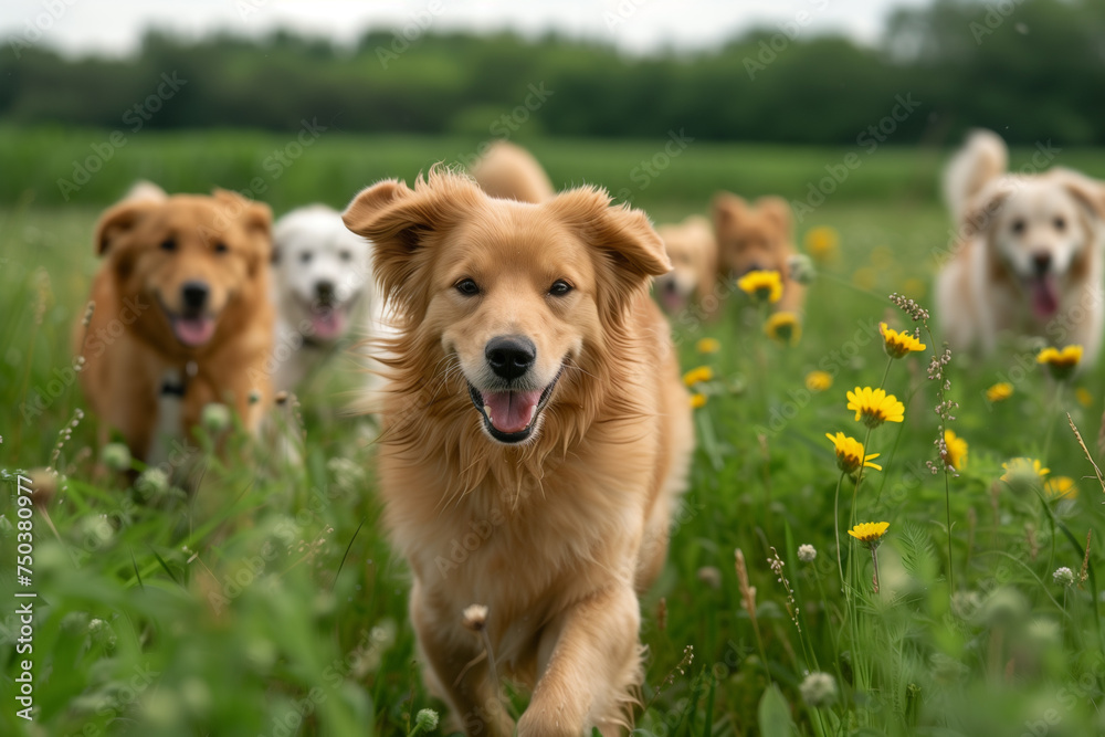 A row of young Golden Retriever dogs walking in a grass field A row of young Golden Retriever dogs walking in a grass field