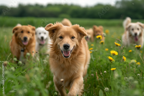 A row of young Golden Retriever dogs walking in a grass field