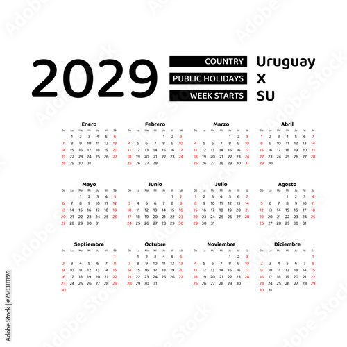 Calendar 2029 Spanish language with Uruguay public holidays. Week starts from Sunday. Graphic design vector illustration.