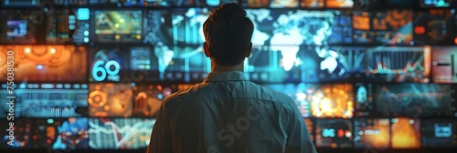 Man Watching Multiple Television Screens with Assemblage of Maps - An individual is seen standing and watching in front of a complex backdrop of bright television screens showcasing intricately mapped