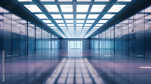Modern Office Hallway with Blue Lights and Glass Doors - A sleek and stylish office hallway with glass doors and blue lights in the style of high-tech futurism The image features a modern and function